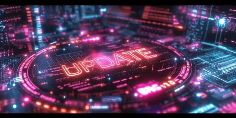 pink neon light sign with word  UPDATE on black screen, cyberspace style, futuristic and technology theme