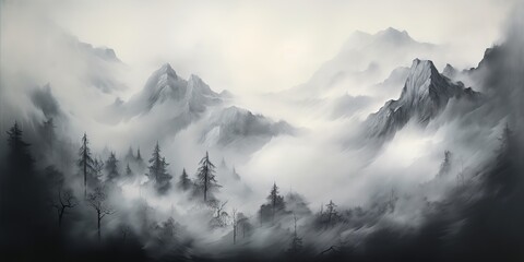 charcoal pencil drawing paint sketch of mountains cowered in mist with forest trees. nature outdoor 