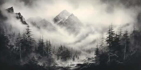 Wall Mural - charcoal pencil drawing paint sketch of mountains cowered in mist with forest trees. Nature outdoor adventure travel landscape background scene view