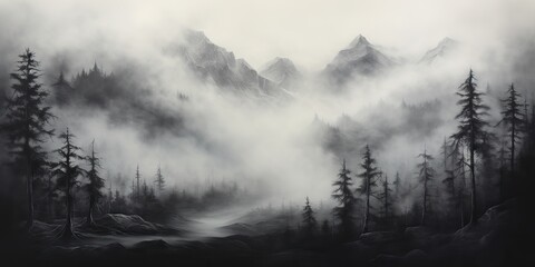 Canvas Print - charcoal pencil drawing paint sketch of mountains cowered in mist with forest trees. Nature outdoor adventure travel landscape background scene view