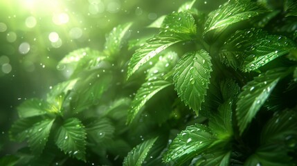 A close-up of green leaves with raindrops on them, creating a vibrant and refreshing scene.