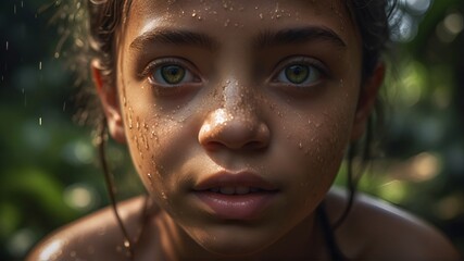 portrait of a Tribe girl face close up living in the forest