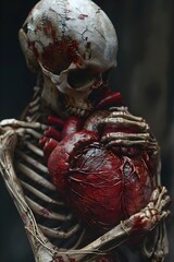 Canvas Print - A Skeletal Figure Cradling a Pulsating Crimson Heart in Chiaroscuro Masterpiece Style