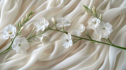 Wall Mural - A bouquet of white flowers on a white background. The flowers are arranged in a row and are accompanied by greenery. The image has a soft and elegant feel to it.