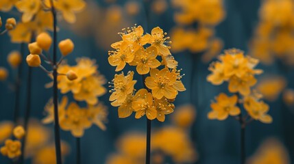 Wall Mural - A field of yellow flowers with green stems and leaves. The flowers are in bloom, creating a vibrant and lively scene.