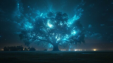 Wall Mural - A tree with blue lights in the nighttime sky. The tree is illuminated and surrounded by a dark background. The blue lights create a magical and serene atmosphere.