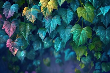 Wall Mural - Cascading Ivy Leaves in a Vibrant,Fantastical Color Palette with Hazy,Cinematic Realism