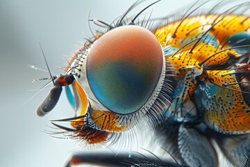 This image features a closeup of a colorful insect eye, showcasing its vibrant hues and intricate details. The eye is surrounded by hairs and is positioned in front of a blue background.