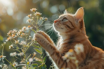 Wall Mural - Curious feline delicately grasping vibrant blooms in serene outdoor setting with vintage,cinematic style