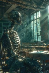 Sticker - Ethereal Skeleton Professor Lecturing in Abandoned Classroom with Intricate Bone Detail and Cinematic Lighting