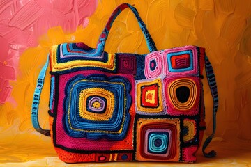 Wall Mural - Handmade Crochet Tote Bags with Bold Abstract Motifs and Vibrant Color Blocking in Hyper-Detailed Photographic