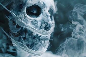 Wall Mural - Haunting Skeletal Figure in Surgical Mask Revealing Anatomical Details in Dimly Lit Hospital Setting