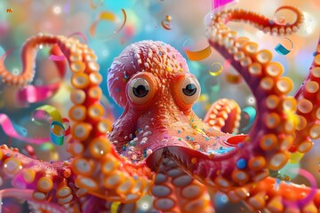 Poster - Joyous Octopus with Vibrant Party Streamers and Playful Tentacles in Whimsical