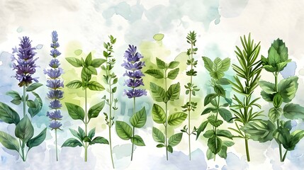 Canvas Print - Vibrant Assortment of Aromatic Herbs - Watercolor Botanical Display with Luminous Textures and Brushstrokes