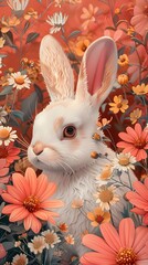 Canvas Print - Vibrant Spring Floral and Bunny in Whimsical Watercolor Style