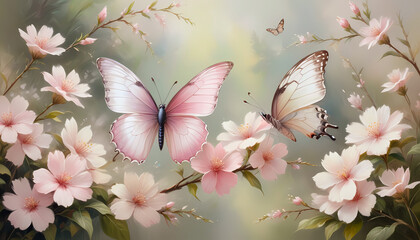 Wall Mural - spring background with sakura flowers, pink cherry blossom, oil painting style, pastel background with butterflies and flowers 