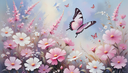 Canvas Print - spring background with sakura flowers, pink cherry blossom, oil painting style, pastel background with butterflies and flowers