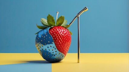 Wall Mural - A blue strawberry with chrome stems on a yellow background. This concept has a minimalist style.