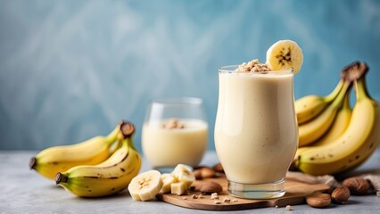 Wall Mural - Food photography background - Healthy banana smoothie milkshake in glass with bananas on table