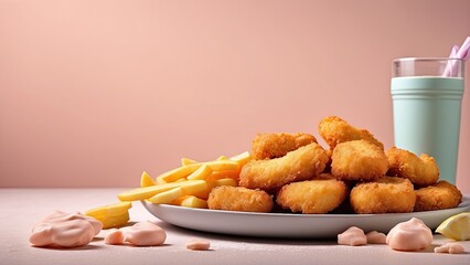 Wall Mural - professional food photography chicken nuggets with fries, soft pastel, lots of copy space