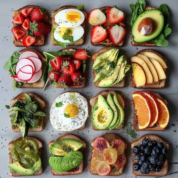 Top view of healthy breakfast toast with avocado, eggs, tomato, arugula, strawberry, fruits and vegetables.