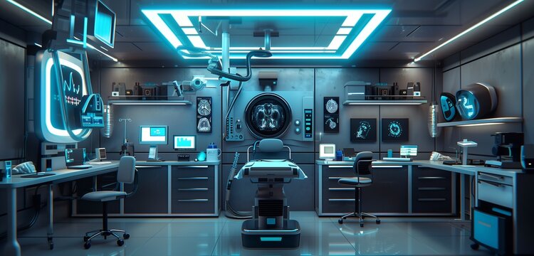 A futuristic operating room with advanced robotic surgical equipment.