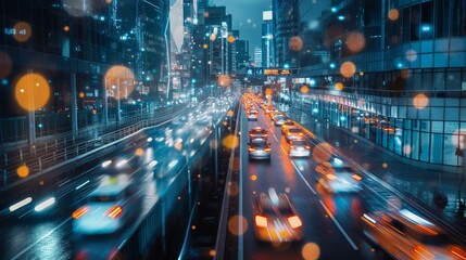 A dynamic cityscape at rush hour, with AI-controlled traffic management systems optimizing transportation routes for maximum efficiency and investment returns.