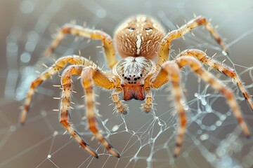 A spider is on a web and it is brown and white