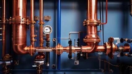 a complex combination of copper pipes, valves and gauges. The various connections and fasteners indicate that this is part of a large plumbing system or industrial equipment. The copper has a polished