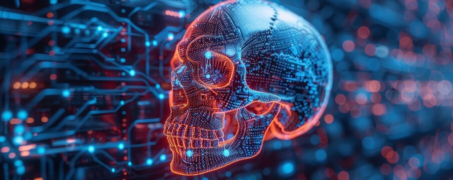 Futuristic digital skull with glowing circuits, representing the intersection of technology and human anatomy.