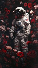 Wall Mural - Astronaut standing on an alien world, among red flowers.