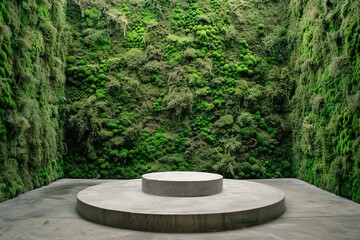 Podium in a room with green moss walls provides a natural and fresh display.