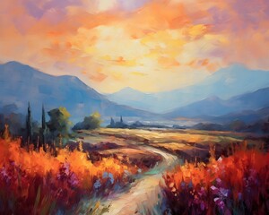 Wall Mural - Beautiful autumn landscape with colorful meadow and mountain. Digital painting.