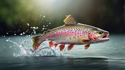 Wall Mural - Rainbow trout jumping out of the water with a splash. Fish above water catching bait. Panoramic banner with copy space