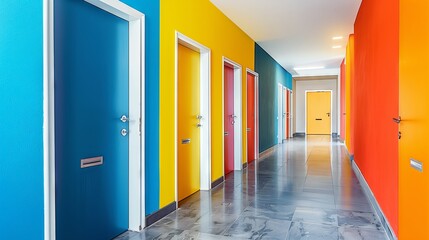Colorful doors line a hallway, each leading to a unique subleased apartment, adding character to the building.