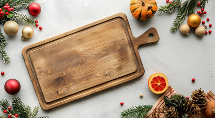 Flatlay eco Christmas square charcuterie board timber POD mock up fruit veg wooden blank empty grazing food serving board bauble background minimal rustic Xmas minimal gift laser engrave diy templete