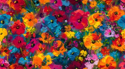 Vibrant Floral Pattern of Wildflowers in Acrylic Painting Style with Saturated Colors and Dynamic Brushstrokes
