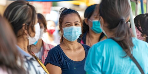 A group of people wearing masks and working together to distribute vaccines at a community health event