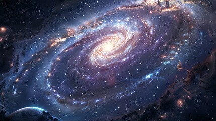 Canvas Print - A view from space to a spiral galaxy and stars. Universe filled with stars, nebula and galaxy