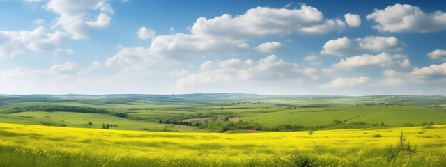 Wall Mural - Nature landscape with green meadows, blue sky with clouds and mountains in the background. classic green landscape, Generative AI