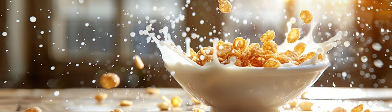 Cornflakes splashing in a bowl of milk, highspeed capture on a wooden table