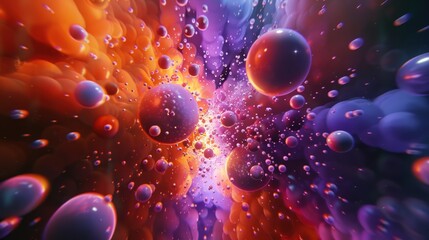 Wall Mural - 3d render of abstract art video animation with 3d ball in explosion process based on small ball spheres or bubbles particles in orange red purple and blue