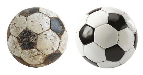 old and new soccer balls isolated on transparent background. For banner, design, poster, print, thumbnail, mockup, layout, social media. Copy space for text