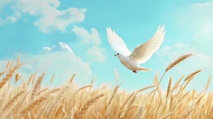 Poster - A white dove flies over a field of wheat against a blue sky