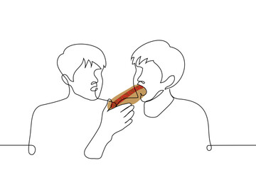 man eats a hotdog, the other watches him - one line art vector. gourmet concept, hungry satisfies hunger with fast food, envy someone else's metabolism