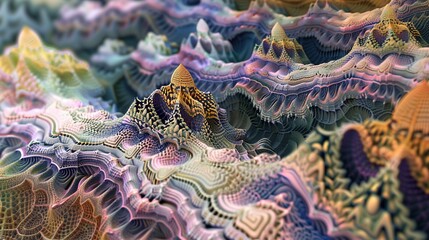 Poster - A zoomed out view of a fractal landscape with mountains of repeating shapes and patterns stretching as far as the eye can see