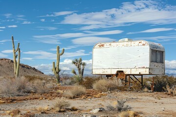 abandoned or old retro caravan living in the middle of the desert with cactus and white blank billboard