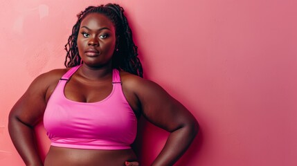 Wall Mural - A woman in a pink sports bra poses confidently against a pink wall