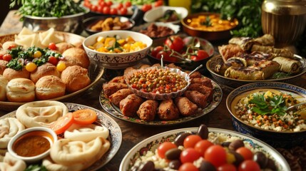 Arabic Cuisine;Middle Eastern traditional dishes and assorted meze. Vine leaves, kibbeh,chicken fatteh, spring rolls, sambusak, kibbeh nayyeh, makdous, haloumi, olives, eggplant fatteh and salads