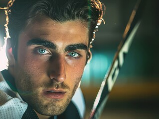 Man wearing Hockey uniform holding hockey stick, detailed face, with beautiful face, waist-high shot photography, themed background, Daylight Photography, in direct angle view, cinematic and p